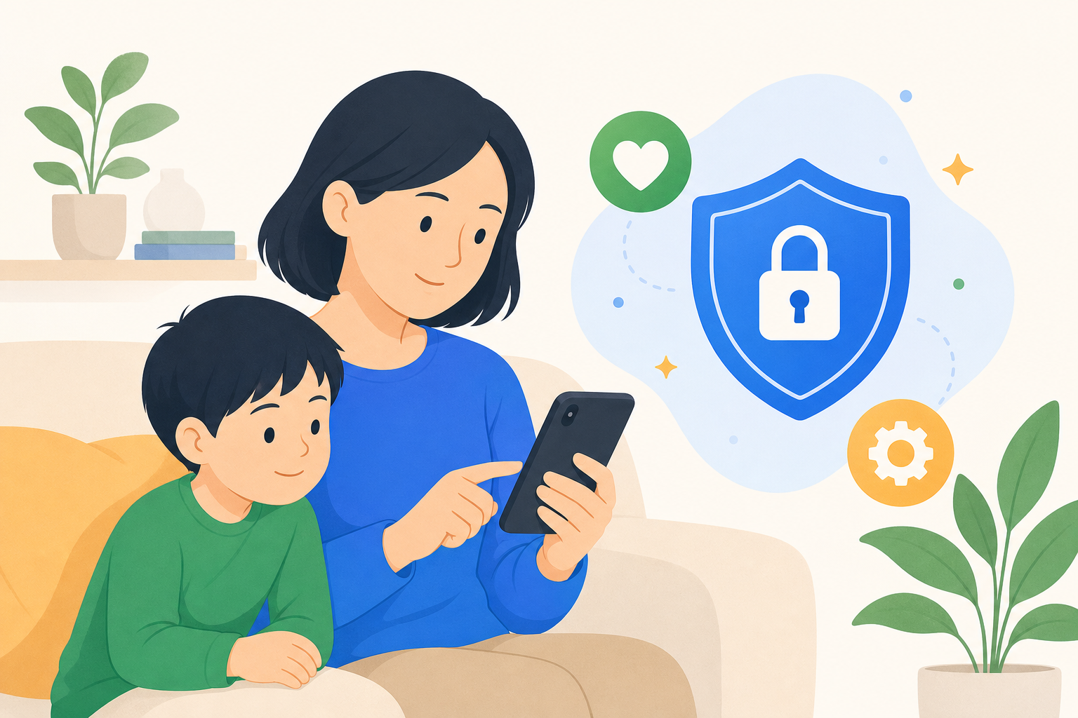 スマートフォンの設定画面を親子で一緒に確認しているイメージイラスト