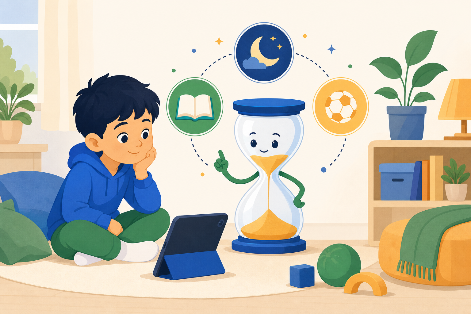 時計とスマートフォンを見ながら一日の過ごし方を考える親子のイメージイラスト