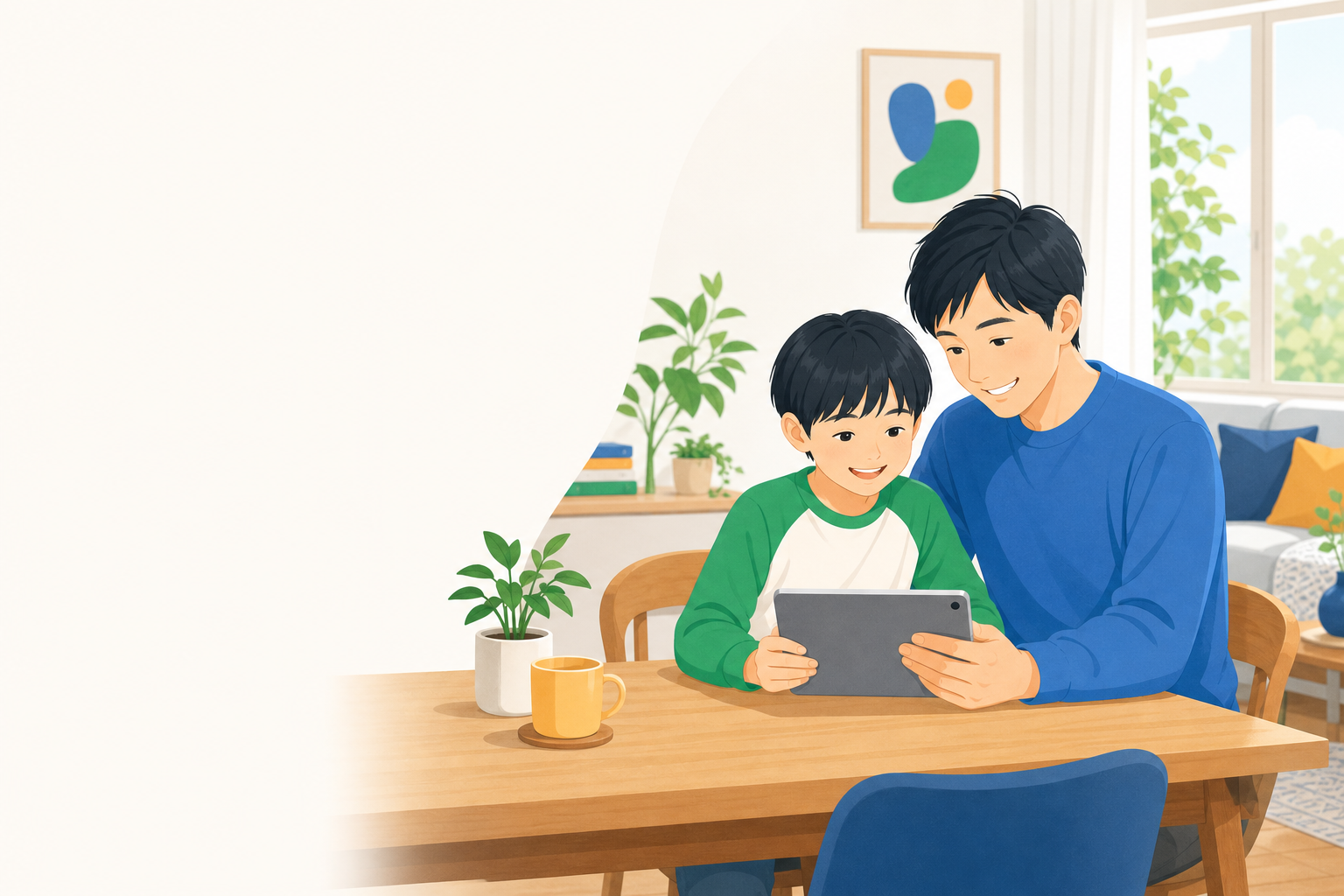リビングで保護者と子どもがいっしょにタブレットをのぞき込み、笑顔で話している様子のイラスト